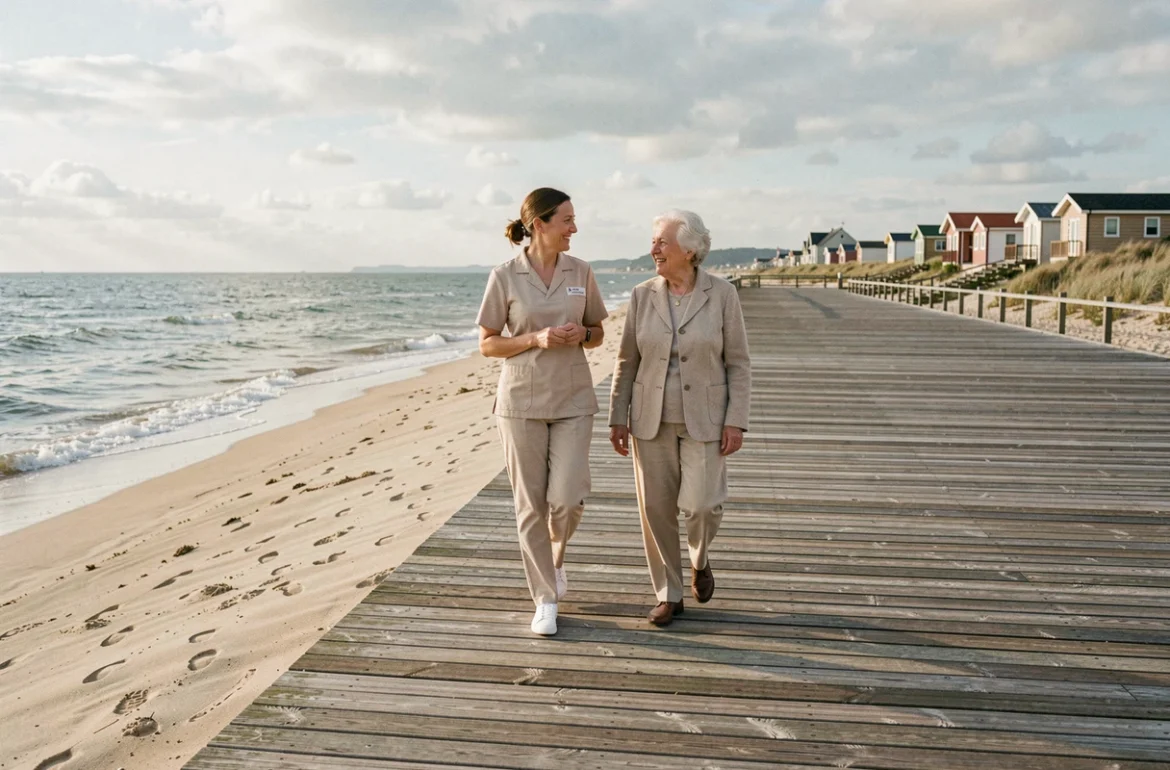 Une accompagnatrice Adapaf Deauville se promène avec une dame âgée sur la promenade balnéaire de la Côte Fleurie
