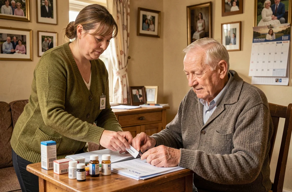 Une travailleuse de l'ADAR Condé-en-Normandie aide un monsieur âgé à organiser ses médicaments et documents dans un intérieur normand modeste