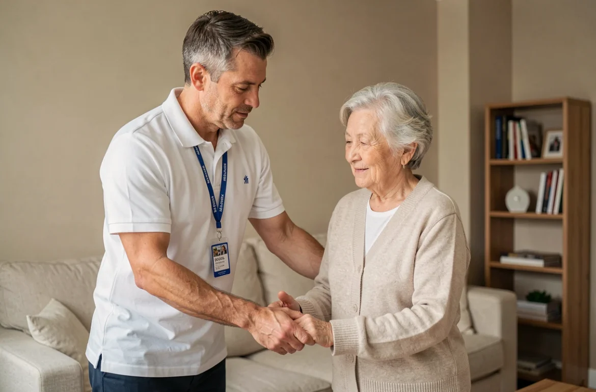 Un accompagnateur à domicile ADHAP en polo blanc guide une dame âgée dans des exercices de mobilité dans un salon moderne