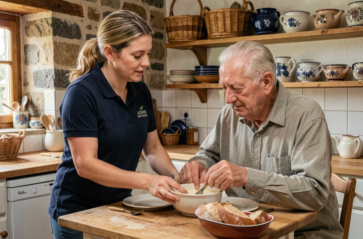 Une intervenante ADMR Bretagne aide un senior à préparer son repas dans une cuisine bretonne traditionnelle