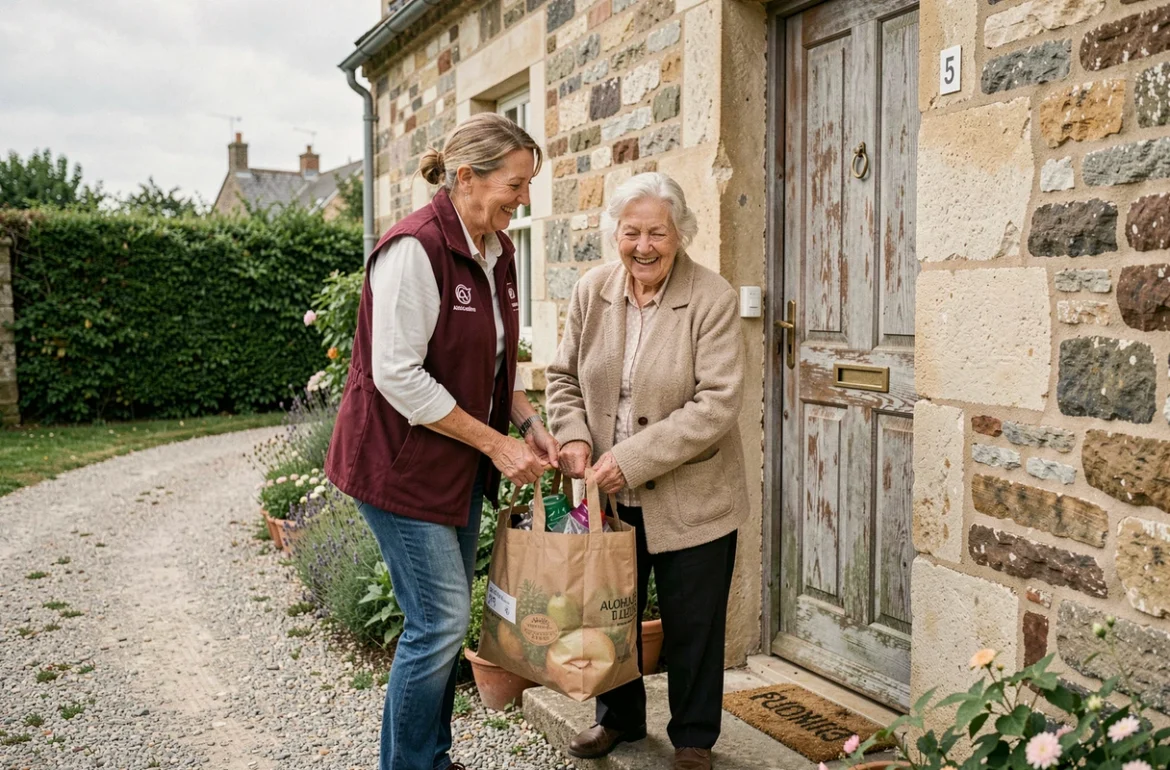Une bénévole de l'ADMR portant un gilet bordeaux aide une dame âgée à porter ses courses devant une maison normande rurale