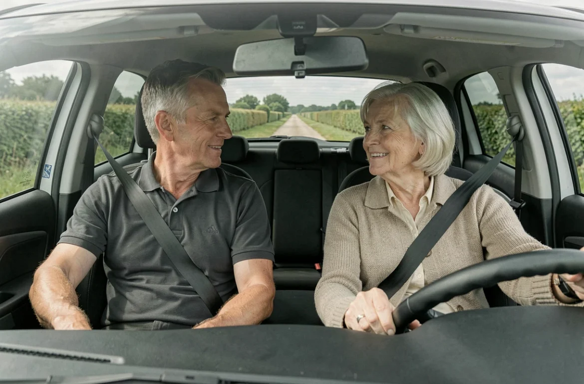 Un accompagnateur ADSAD Normandie Condé-en-Normandie transporte une dame âgée en voiture à travers le bocage calvadosien