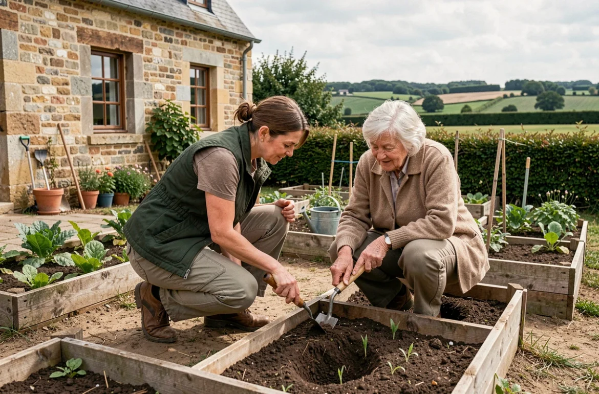 Une aide à domicile ADSAD Normandie Falaise assiste une dame âgée dans son jardin potager devant une ferme en pierre normande