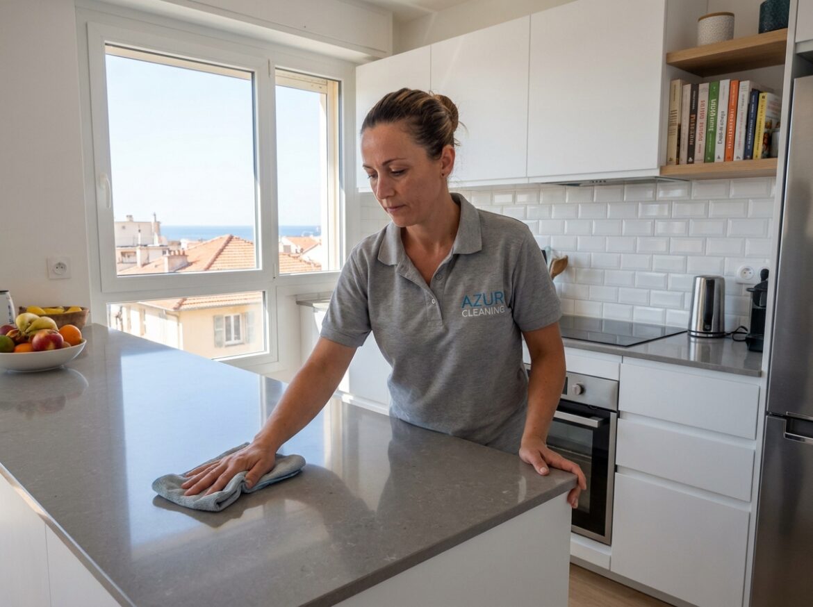 Agent d'entretien à domicile nettoyant une cuisine moderne à Nice, illustration d'un service de ménage professionnel pour particuliers