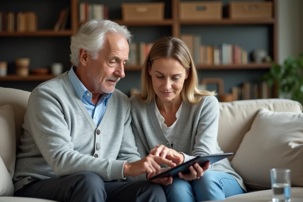 Un aidant familial accompagnant un proche âgé dans l'utilisation d'une application d'aide à domicile sur tablette