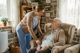 Aide à domicile accompagnant une personne âgée dans un salon breton, service d'aide à domicile dans le Finistère