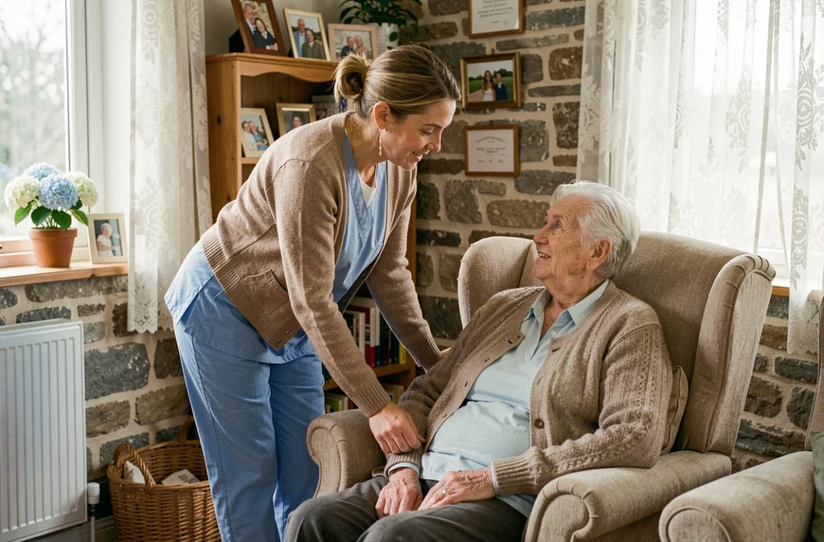 Aide à domicile accompagnant une personne âgée dans un salon breton, service d'aide à domicile dans le Finistère
