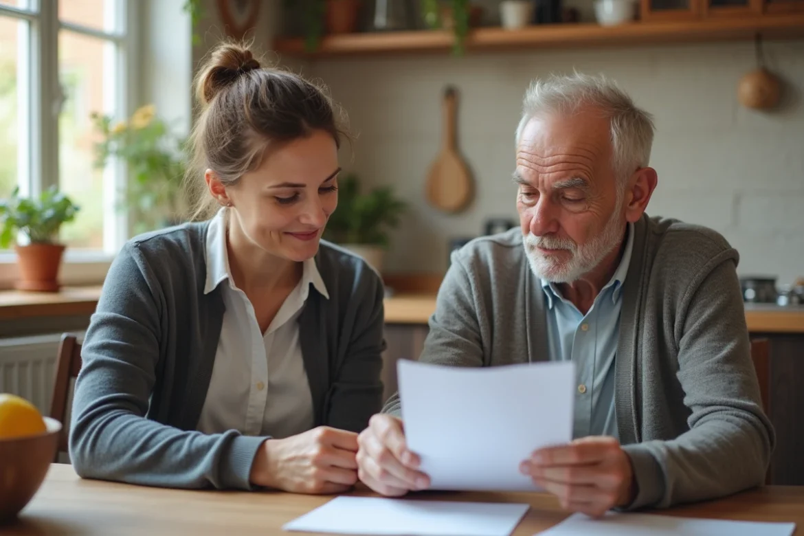 Aide à domicile accompagnant une personne âgée dans ses démarches administratives fiscales, illustrant le crédit d'impôt pour services à la personne