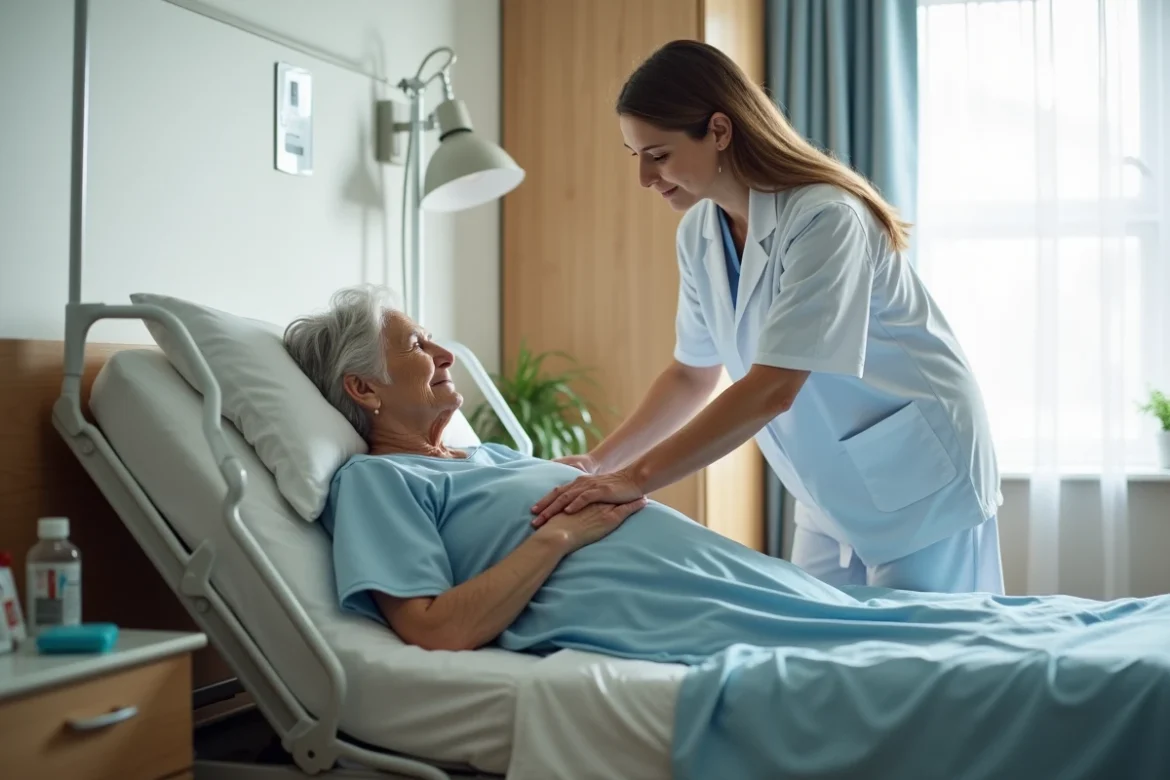 Une aide à domicile prenant soin d'une personne âgée très dépendante dans sa chambre aménagée, représentant les soins pour une personne classée GIR 1