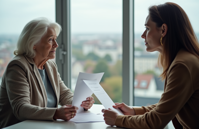 Femme âgée préoccupée parlant avec une assistante sociale en Belgique