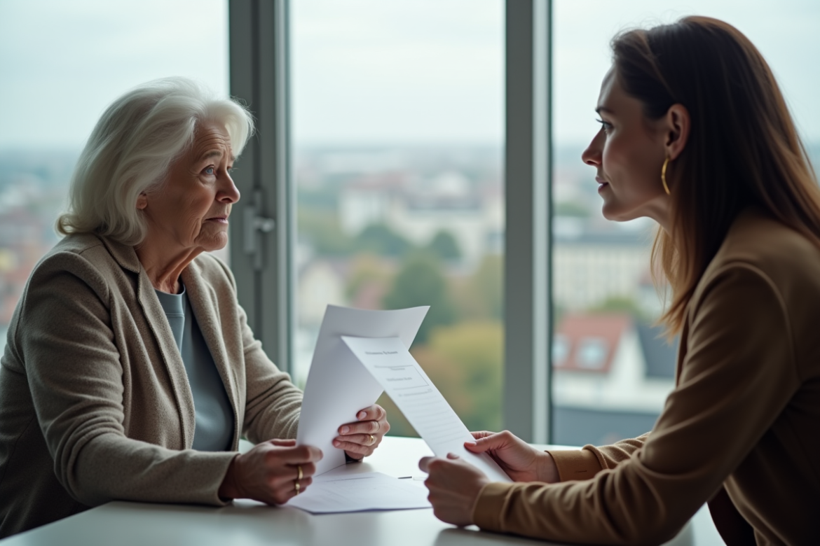 Femme âgée préoccupée parlant avec une assistante sociale en Belgique