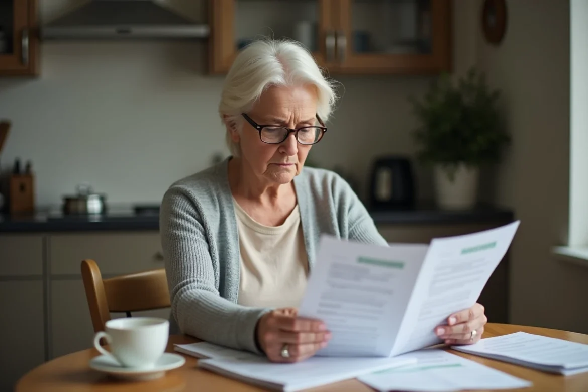 Femme aide-soignante calculant sa future pension de retraite sur un ordinateur portable à la maison