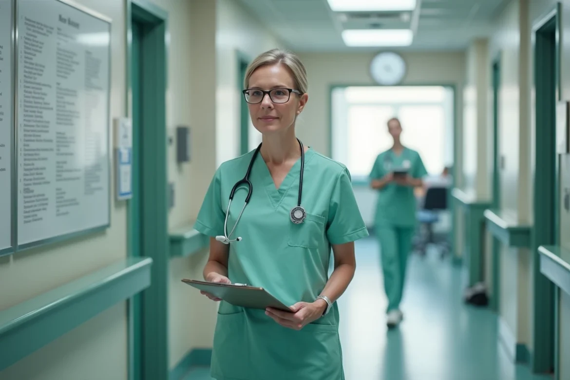 Aide-soignante senior debout dans un couloir d'hôpital tenant un clipboard avant son départ en retraite