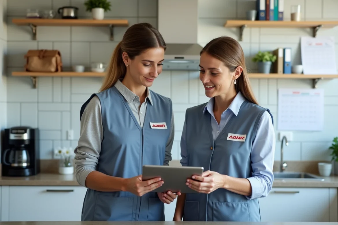 Deux aides à domicile ADMR consultant un planning numérique sur tablette dans une salle de pause professionnelle