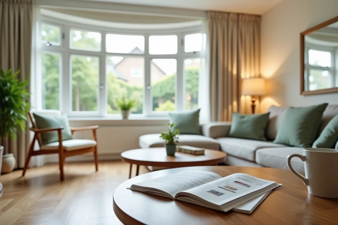 Intérieur d'un appartement haut de gamme en résidence services seniors avec documents tarifaires Domitys sur la table