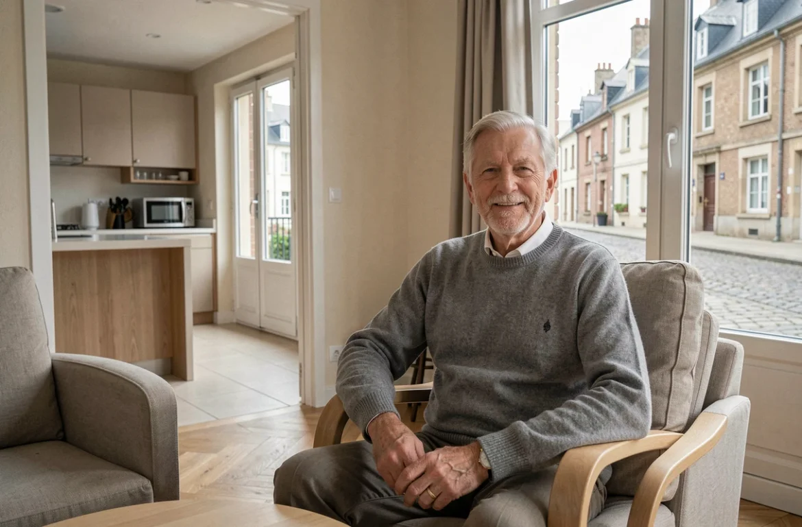 Résident senior dans son appartement adapté Mobicap à Abbeville avec vue sur la ville