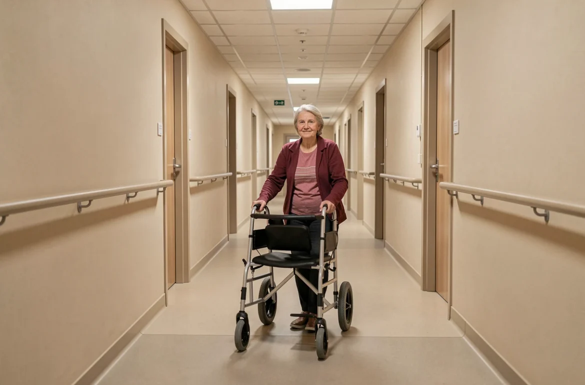 Résidente senior se déplaçant dans le couloir accessible des appartements Mobicap à Amiens