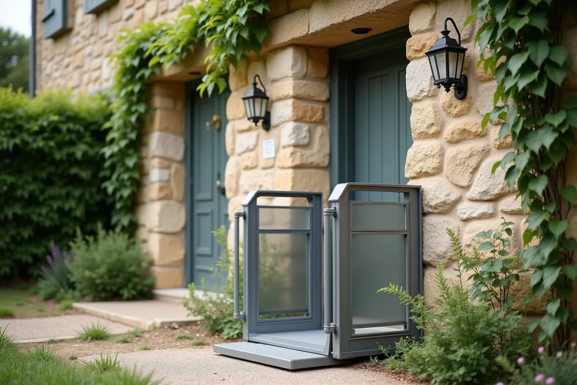 Un monte-charge portable installé contre le mur en pierre d'une maison de campagne française à deux étages entourée de végétation