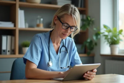 Auxiliaire de vie en blouse bleue consultant l'application LogisFil sur une tablette dans un bureau de coordination