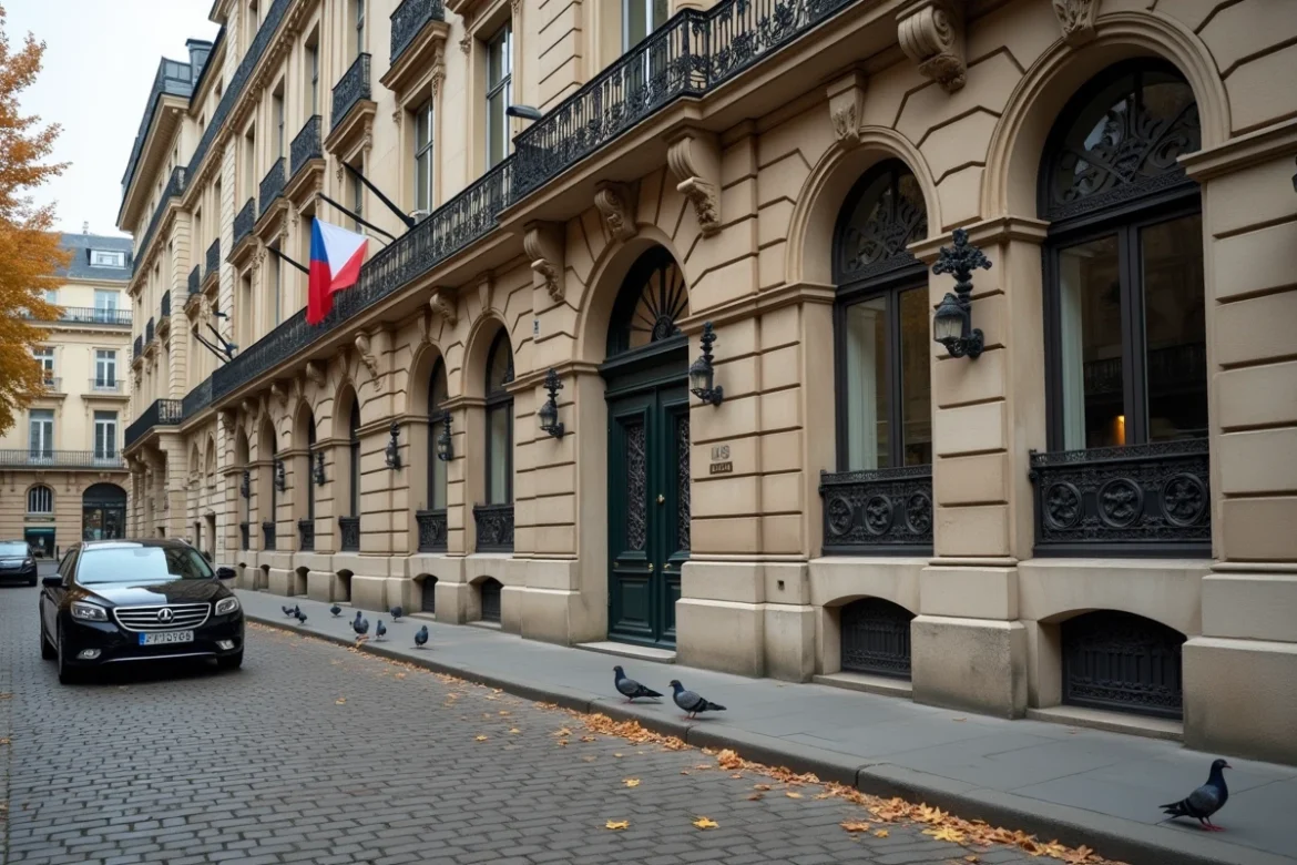 Façade d'un bâtiment administratif français de style haussmannien avec drapeau tricolore à Paris