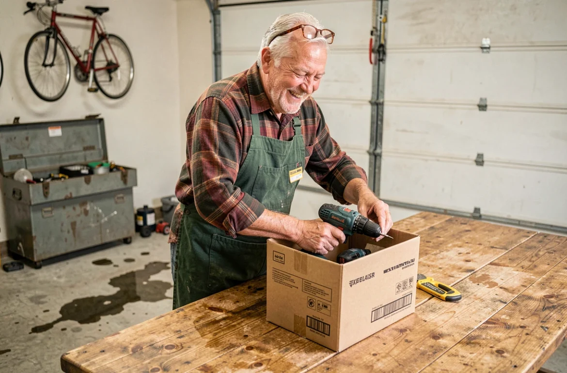 Senior bricoleur de 60 ans déballant un cadeau perceuse dans son garage rangé