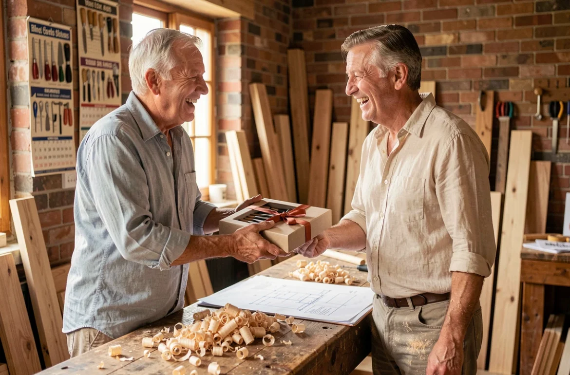 Deux amis bricoleurs de 60 ans échangeant un cadeau d'outils de menuiserie dans un atelier en briques
