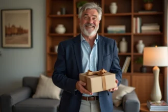 Homme d'environ 50 ans découvrant un cadeau avec une expression sincère de satisfaction dans un salon moderne et chaleureux