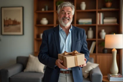 Homme d'environ 50 ans découvrant un cadeau avec une expression sincère de satisfaction dans un salon moderne et chaleureux