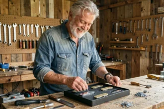 Homme de 60 ans bricoleur découvrant un coffret d'outils de qualité dans son atelier en bois