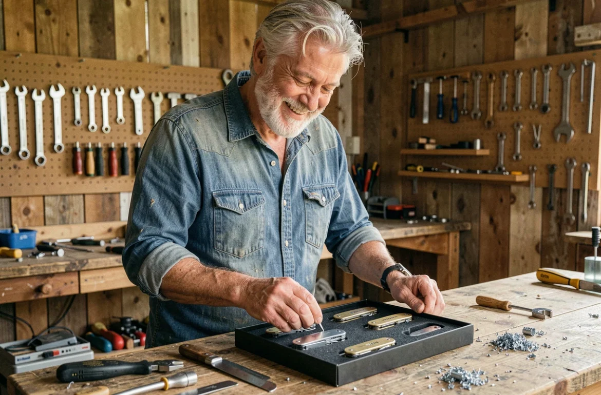 Homme de 60 ans bricoleur découvrant un coffret d'outils de qualité dans son atelier en bois