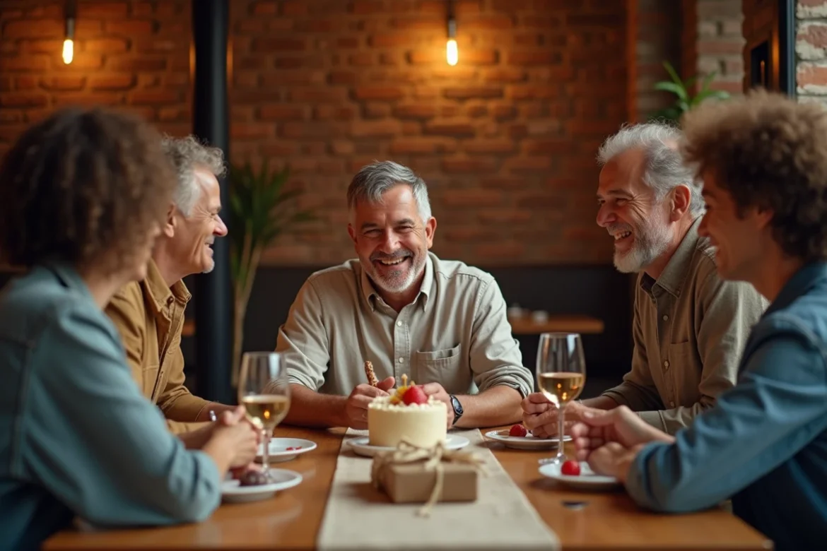 Groupe d'amis autour d'une table d'anniversaire réagissant avec humour à un cadeau raté pour un homme de 50 ans