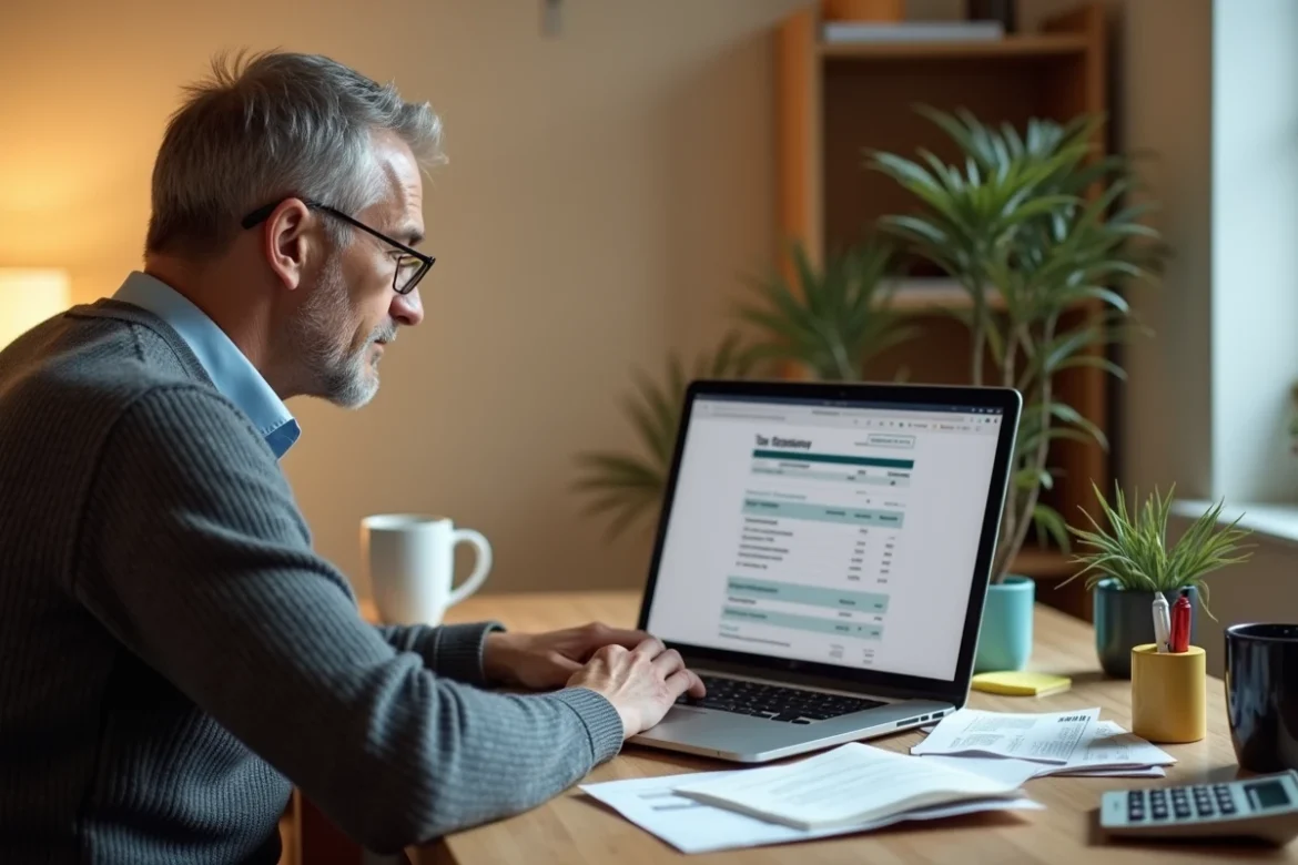 Homme calculant la déduction fiscale du portage de repas à domicile sur ordinateur avec factures et calculatrice