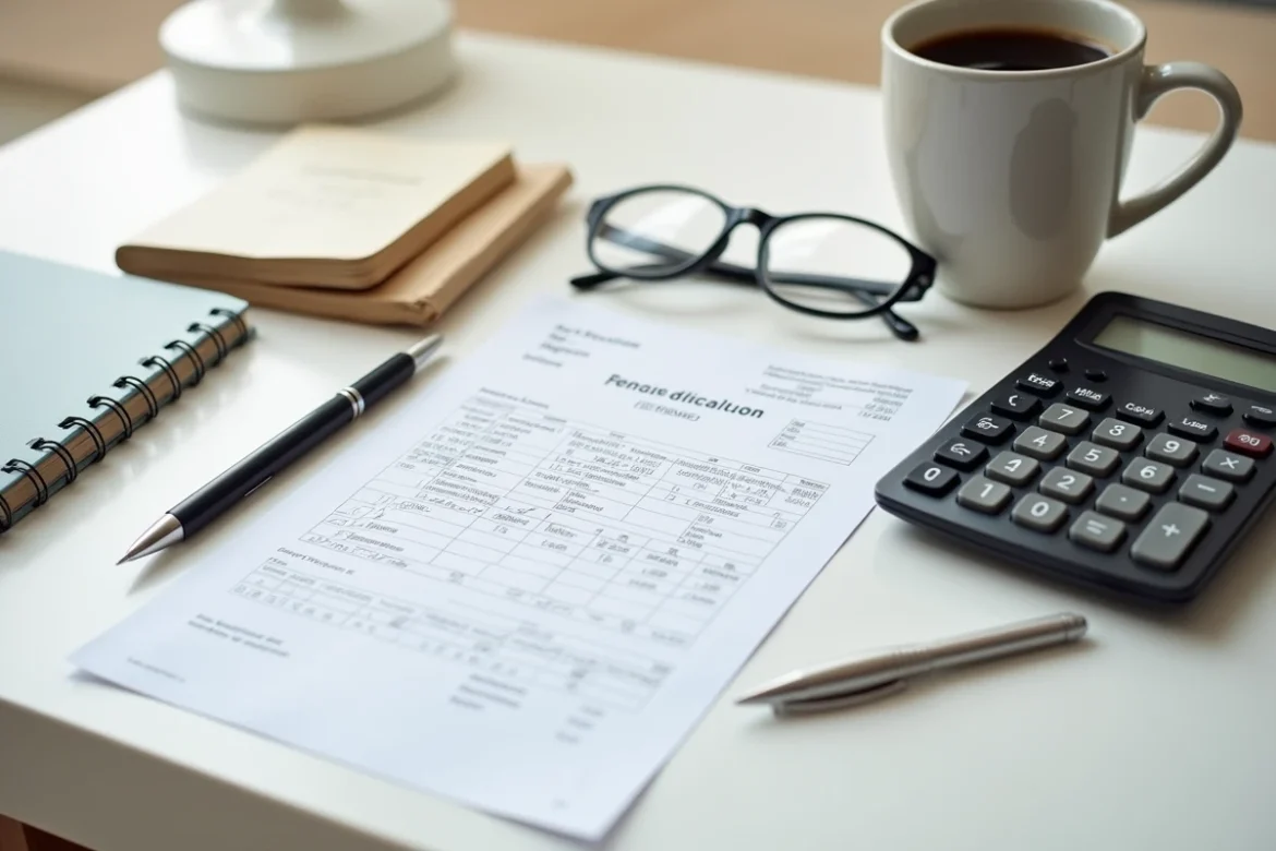 Feuille de calcul de retraite et calculatrice sur un bureau, illustration montant et revalorisation pension scolinfo 2026