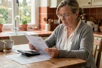 Femme de 55 ans en train de calculer sa pension de réversion à la table de sa cuisine avec des documents administratifs et une calculatrice