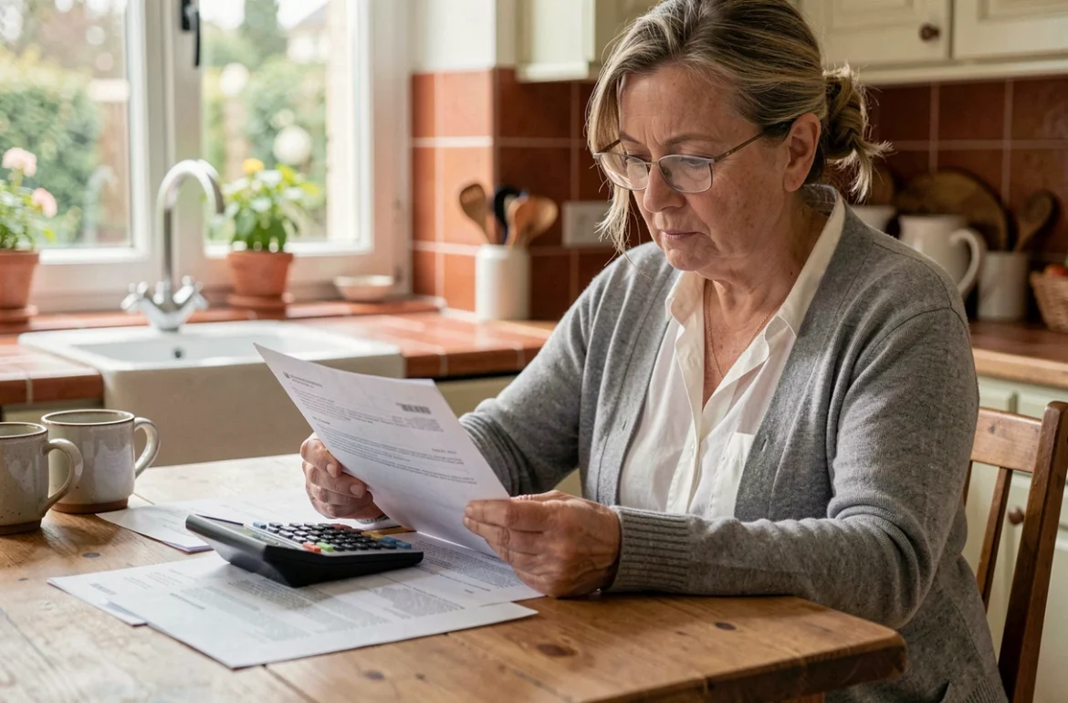 Femme de 55 ans en train de calculer sa pension de réversion à la table de sa cuisine avec des documents administratifs et une calculatrice