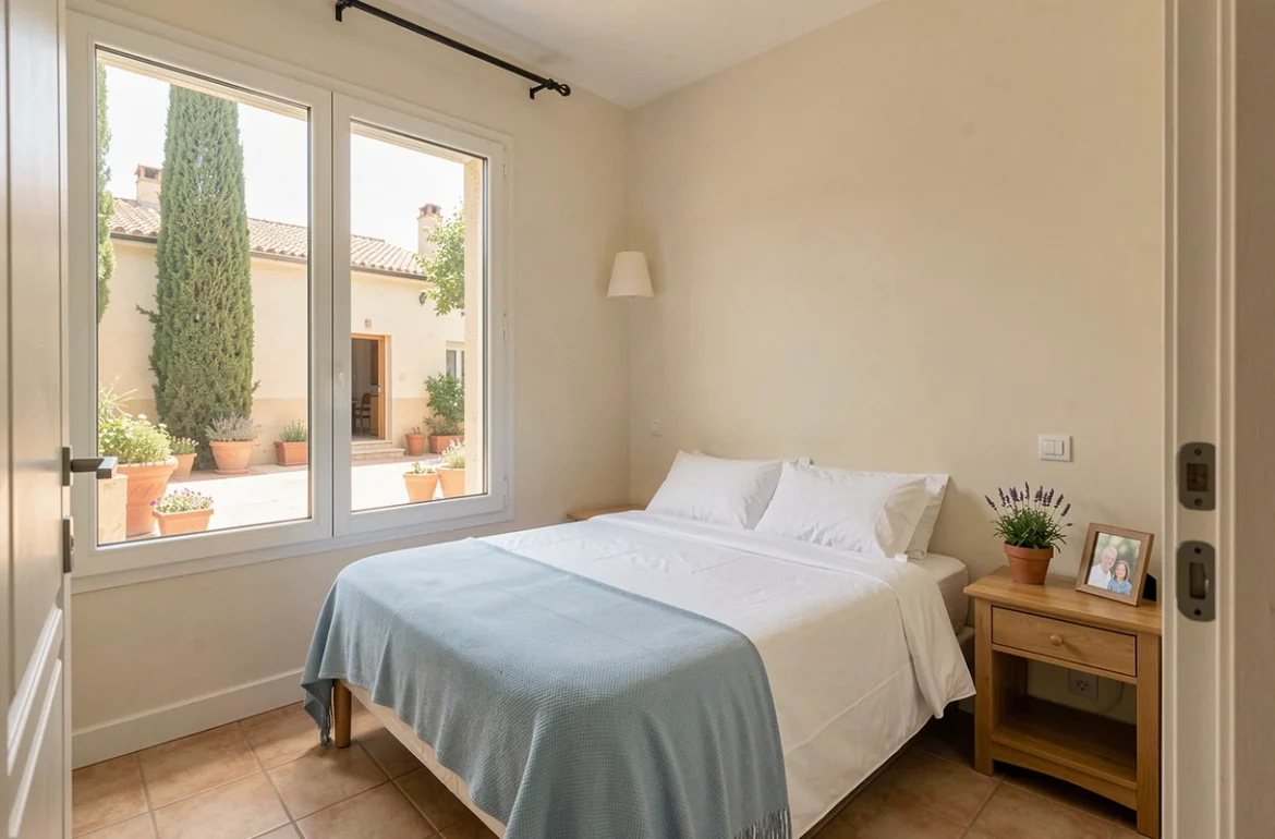 Chambre individuelle lumineuse et meublée dans une résidence senior à Nîmes avec vue sur la cour intérieure