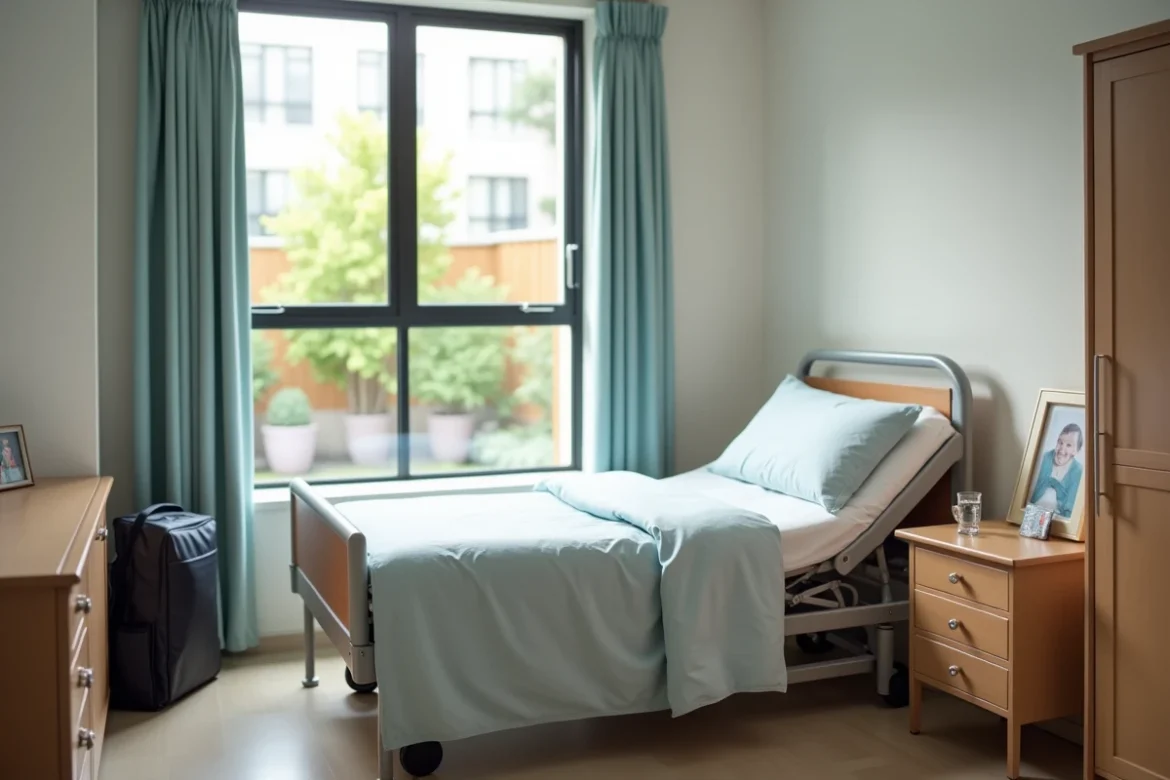 Chambre individuelle préparée pour un séjour temporaire en Ehpad avec affaires personnelles et cadre familial posé sur la table de chevet