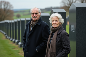 Un homme age et une femme contemplent des pierres tombales dans un cimetière