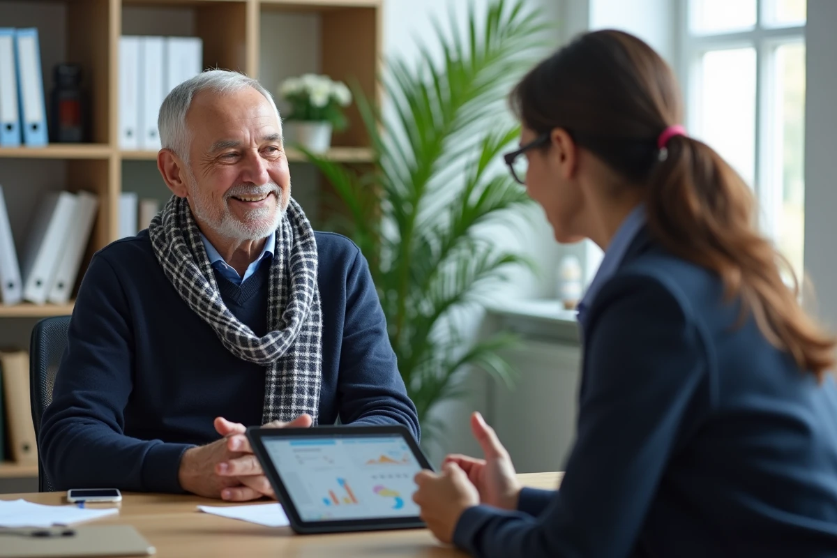 Conseil à un homme âgé avec une conseillère dans un bureau lumineux
