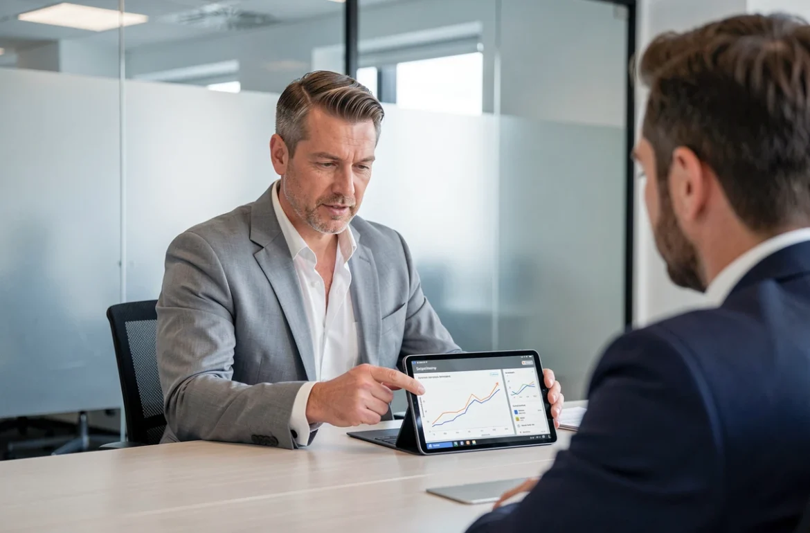 Conseiller financier présentant une stratégie d'investissement Domitys à un client dans une salle de réunion professionnelle