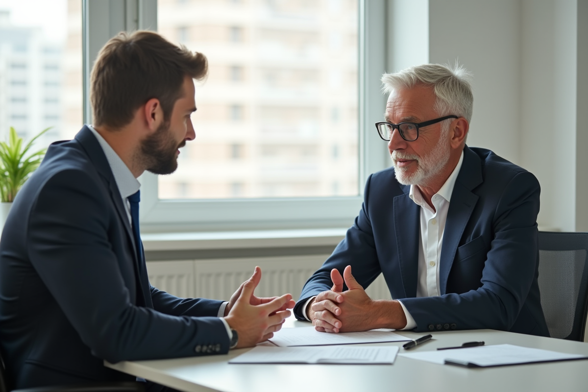 Homme en costume et homme agee discutant dans un bureau lumineux