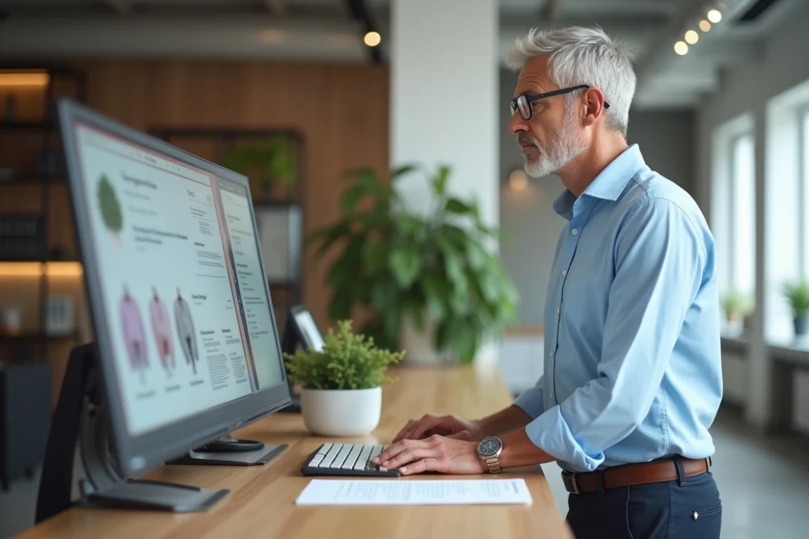Coordinateur de services à domicile calculant les tarifs Age d'Or Services sur un ordinateur dans un bureau professionnel