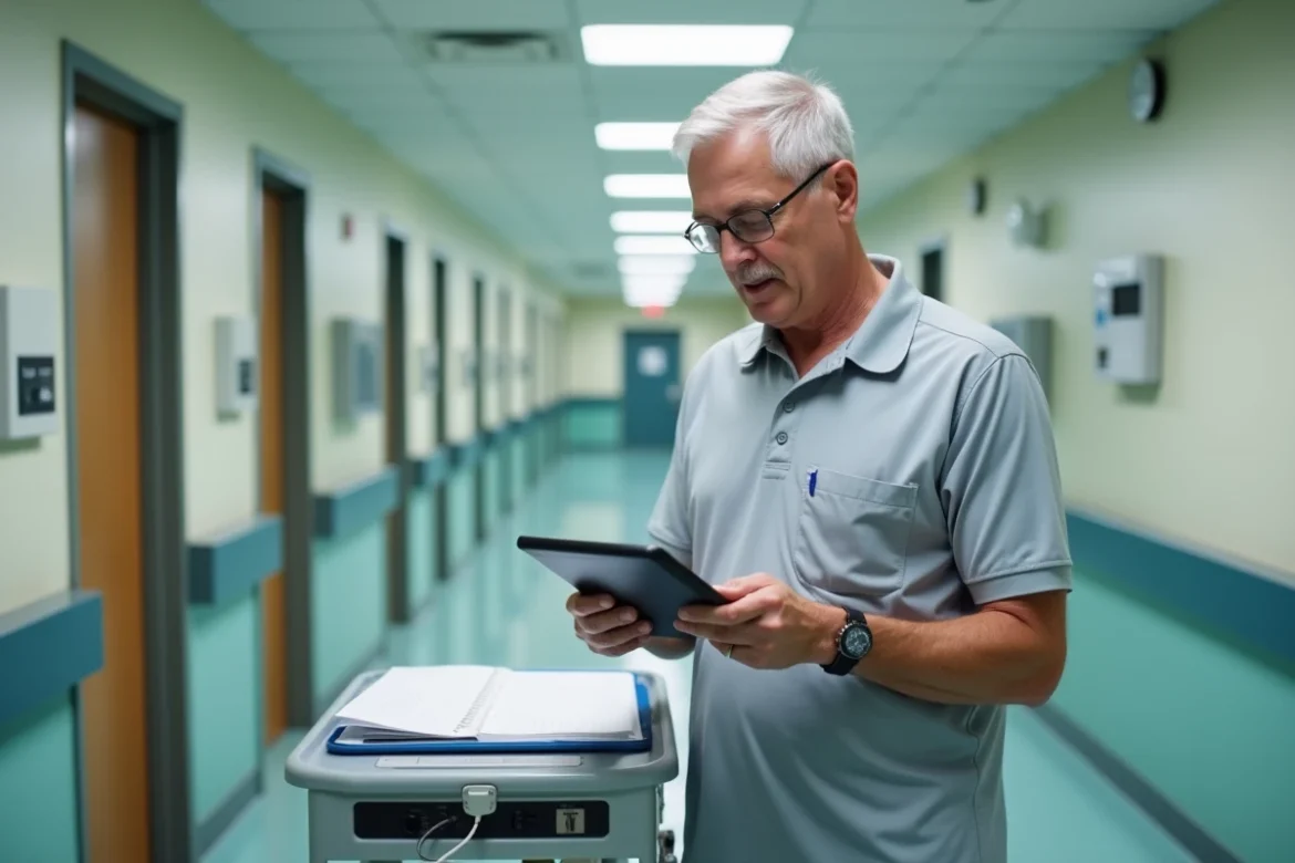 Coordinateur de soins consultant le dossier patient sur tablette dans un couloir d'établissement médical