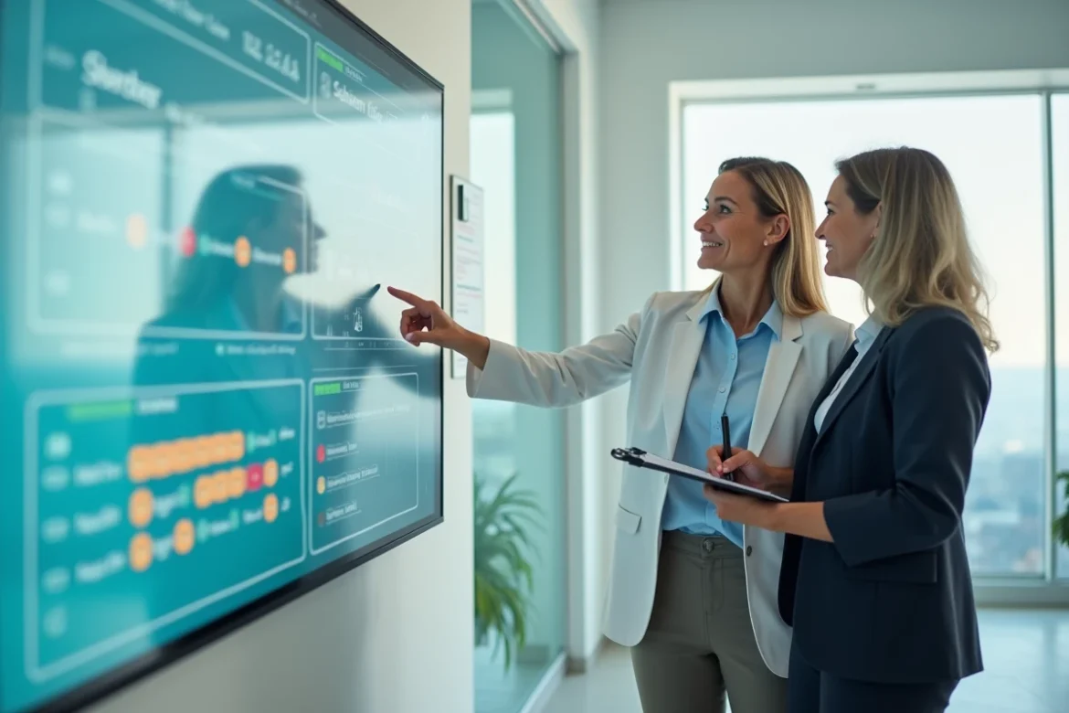Deux coordinatrices collaborant sur un tableau de planification LogisFil dans un centre de coordination de soins