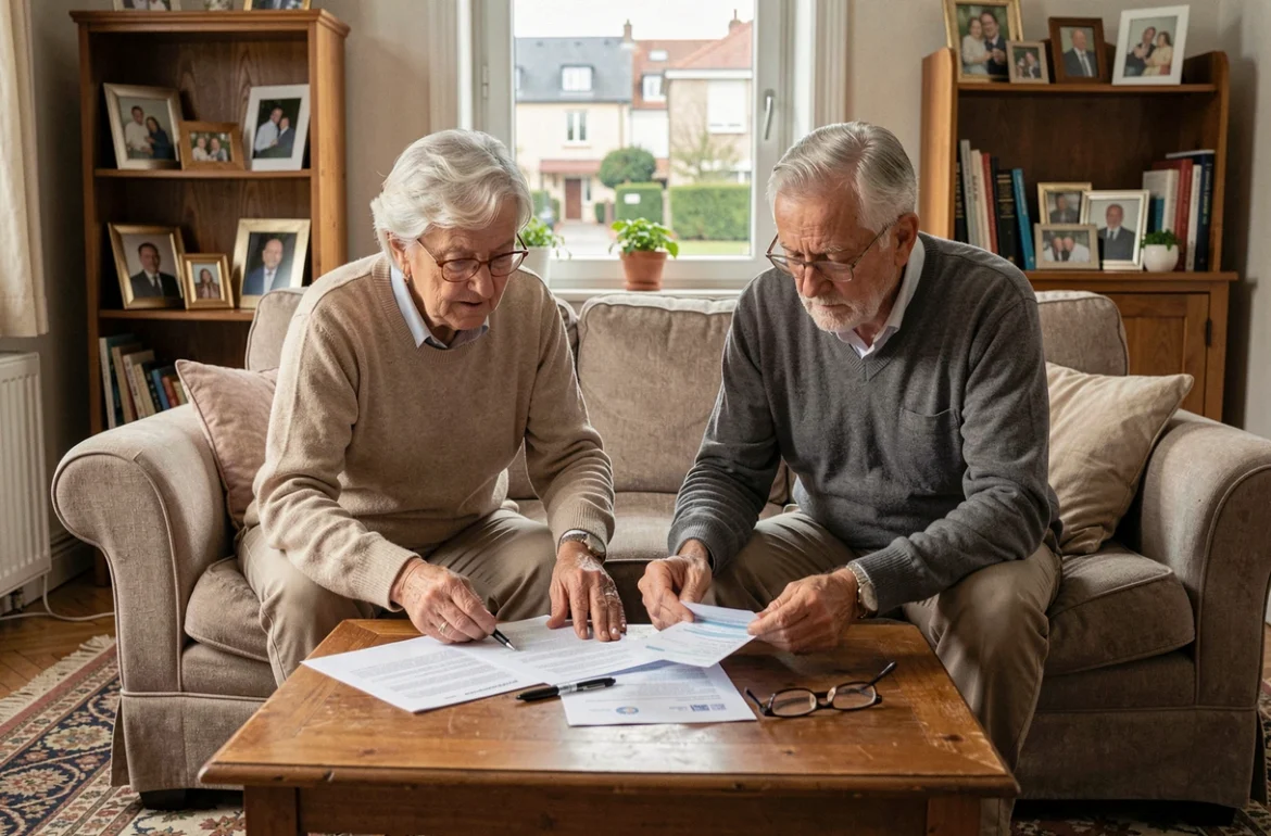 Couple de retraités qui consultent ensemble leurs relevés bancaires et courriers officiels pour gérer leur épargne sans perdre l'ASPA