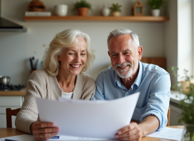Couple retraité souriant examinant documents financiers