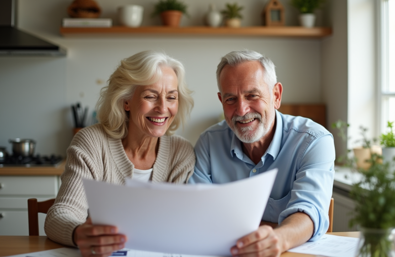 Couple retraité souriant examinant documents financiers