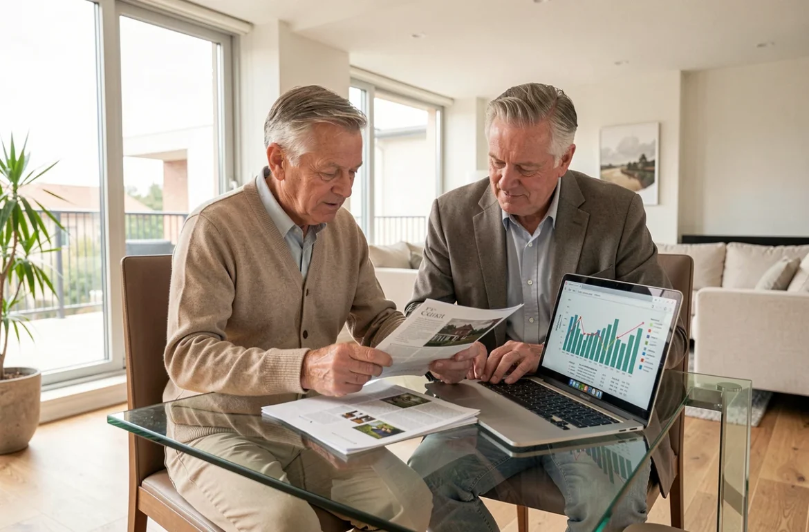 Couple de retraités étudiant un projet d'investissement immobilier résidence seniors à domicile