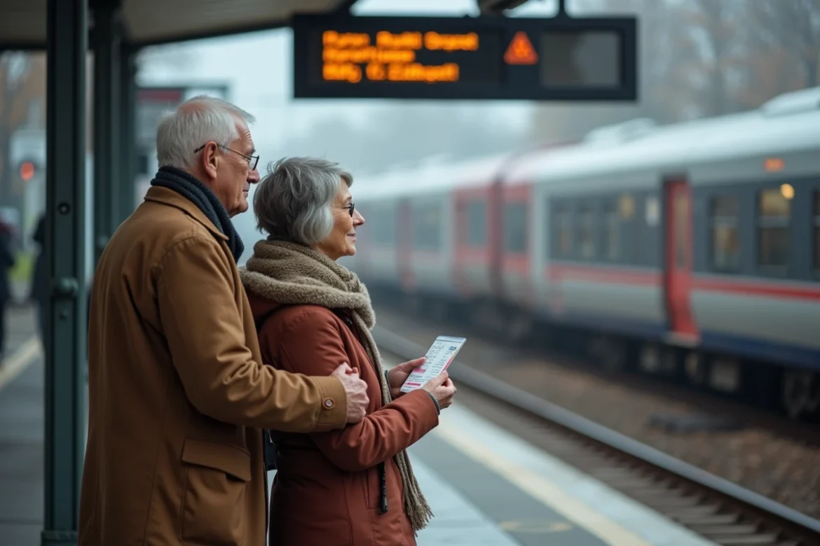 Couple de retraités SNCF utilisant leur carte de réduction sur un quai de gare
