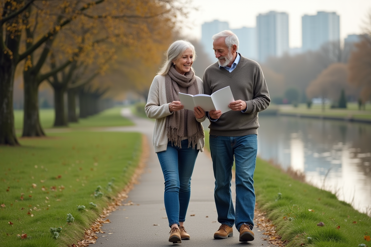 Couple mature marchant au bord de la rivière en pleine nature